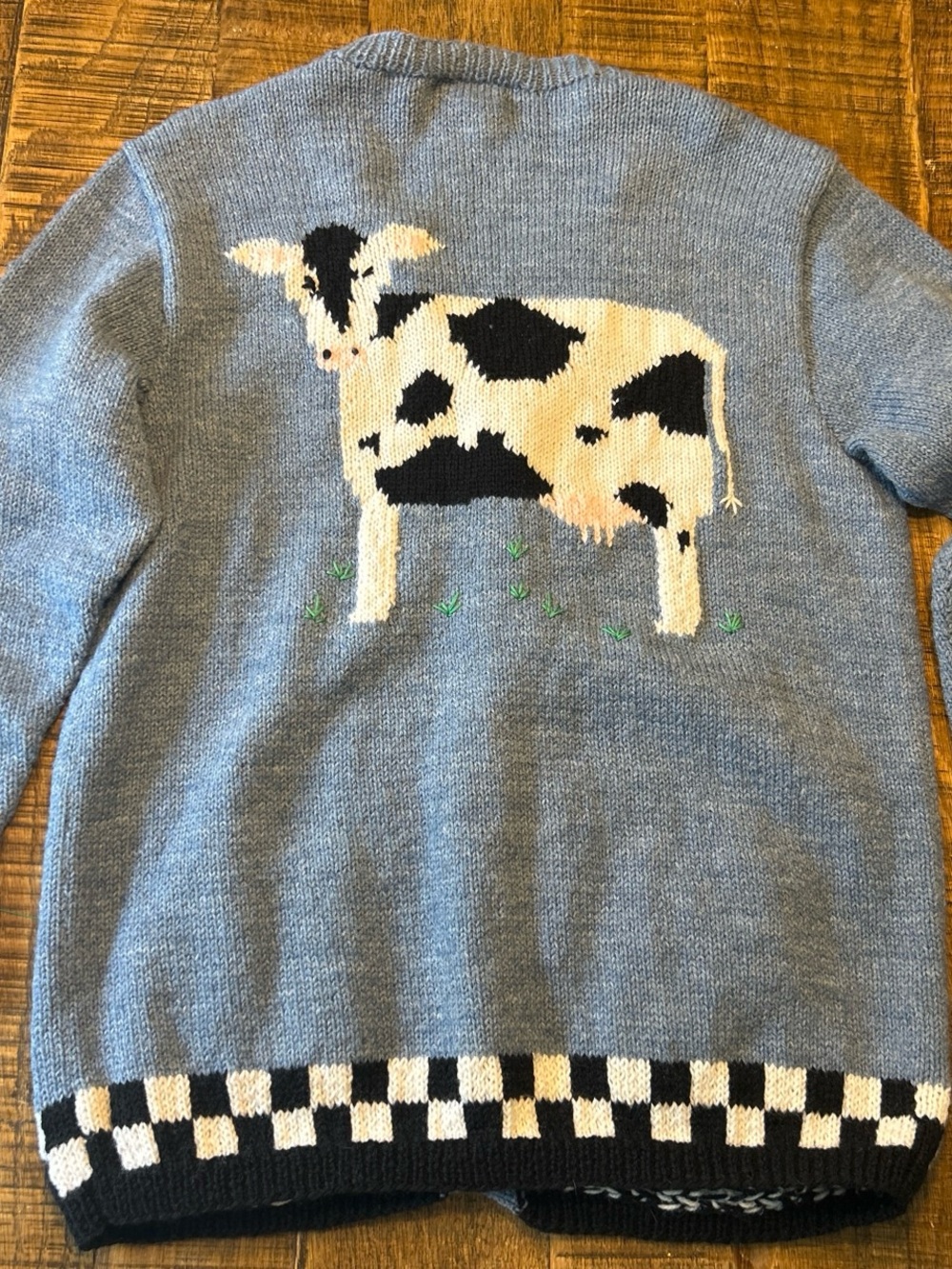 Hand Crafted Blue Cow Motif Cardigan Sweater